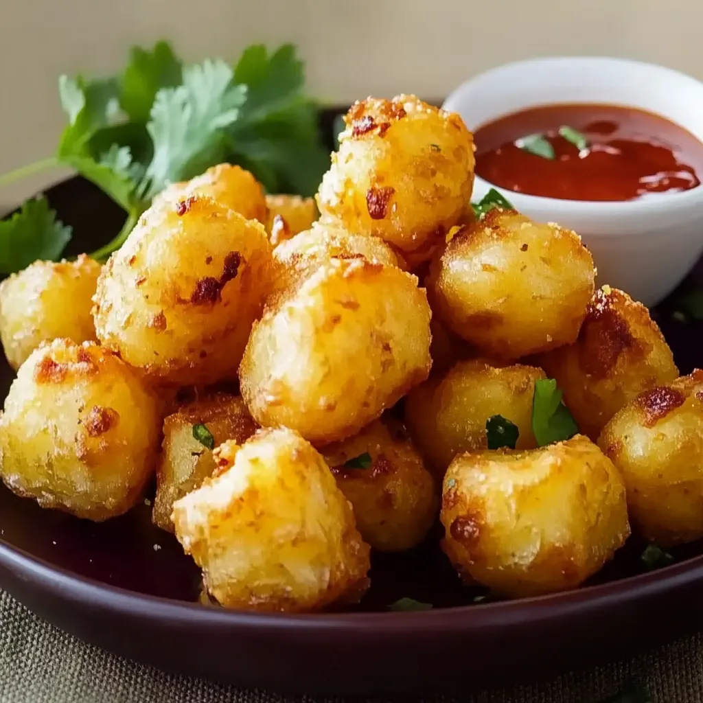 A bowl of tater tots with ketchup.