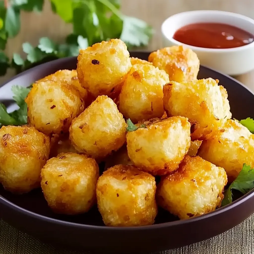 A bowl of tater tots with a dipping sauce.