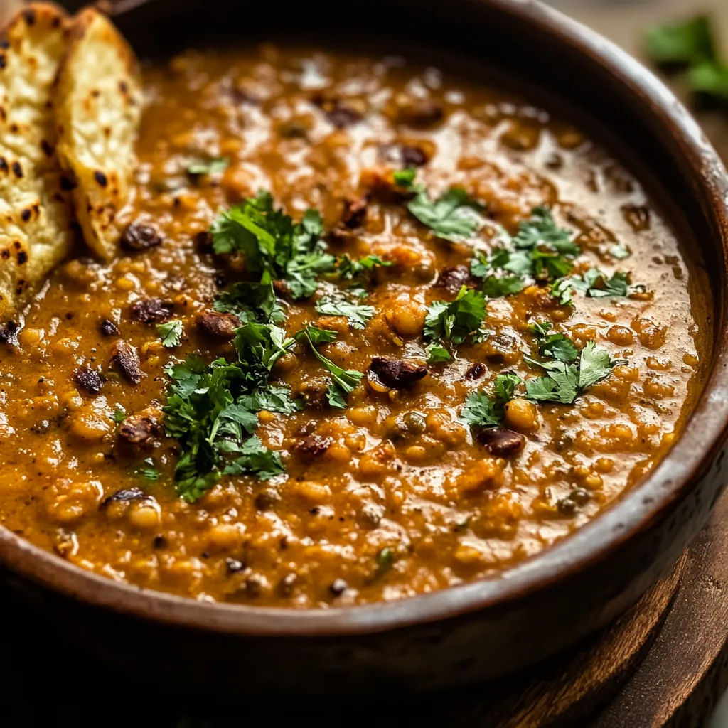 A bowl of soup with a piece of bread on top.