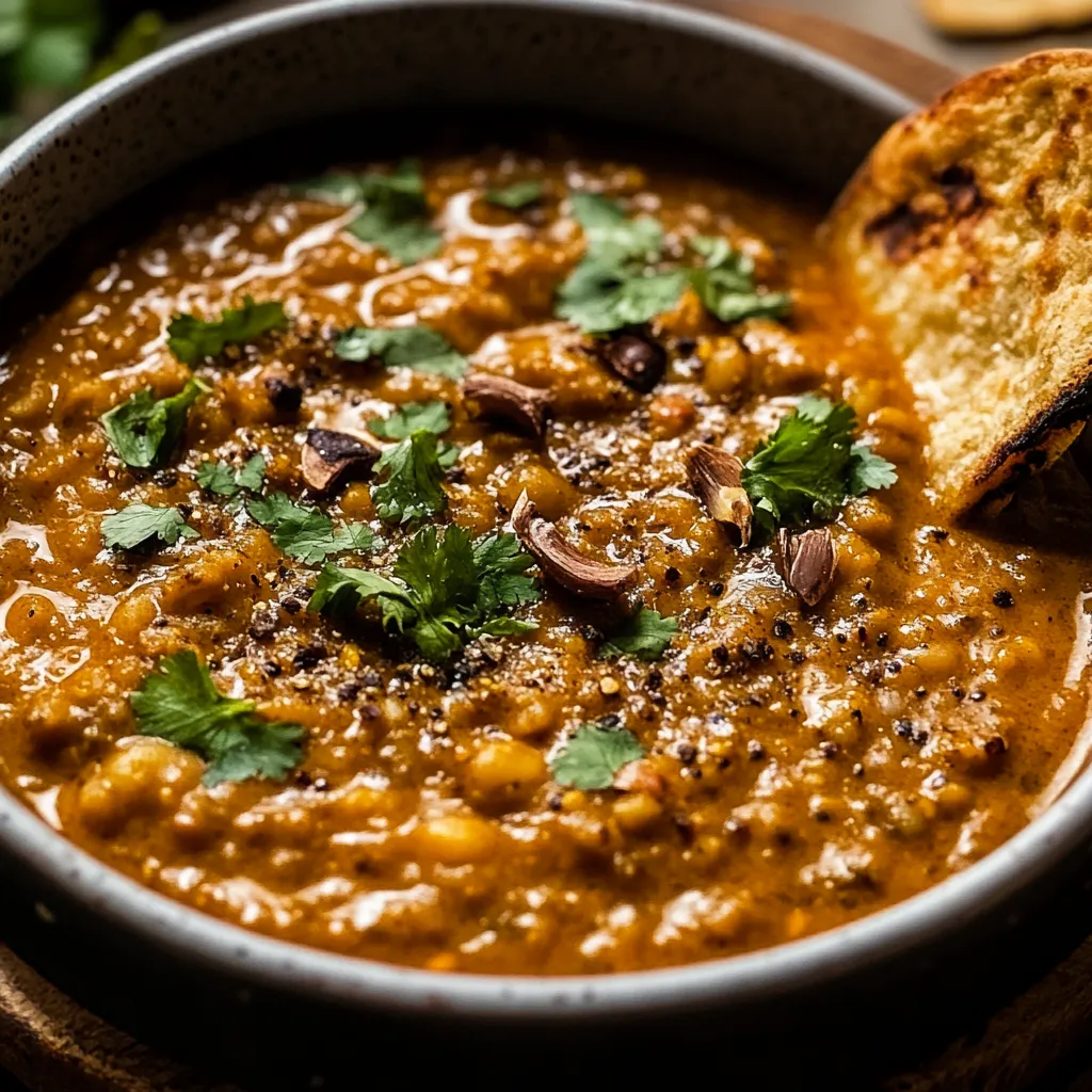 A bowl of soup with a spoon in it.