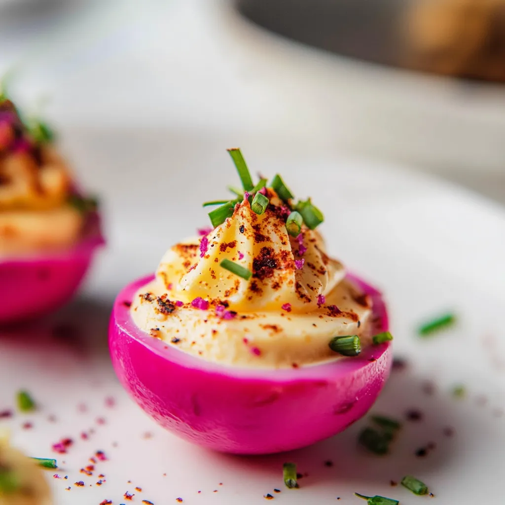 Two pink eggs with green tops.