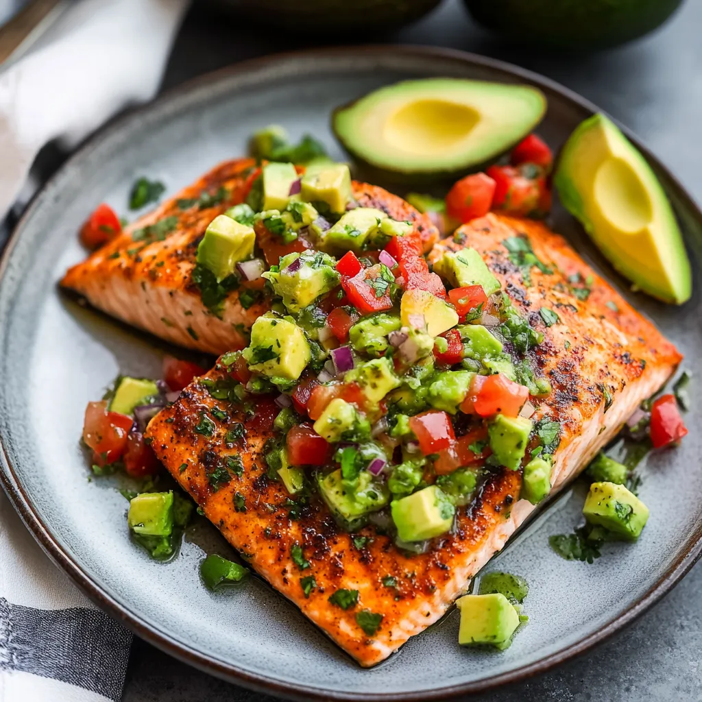 A plate of fish with avocado and tomato.