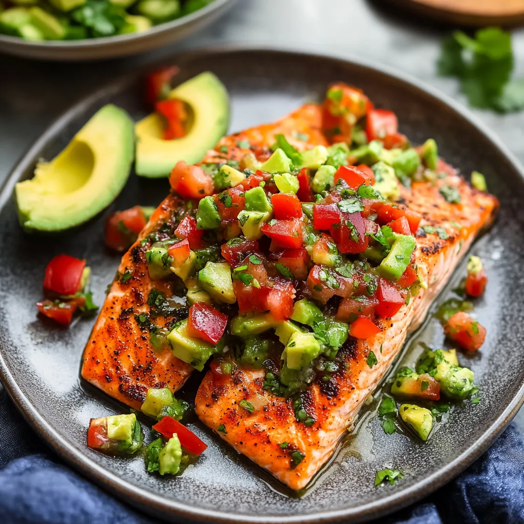 A plate of food with fish, tomatoes, avocado, and lime.