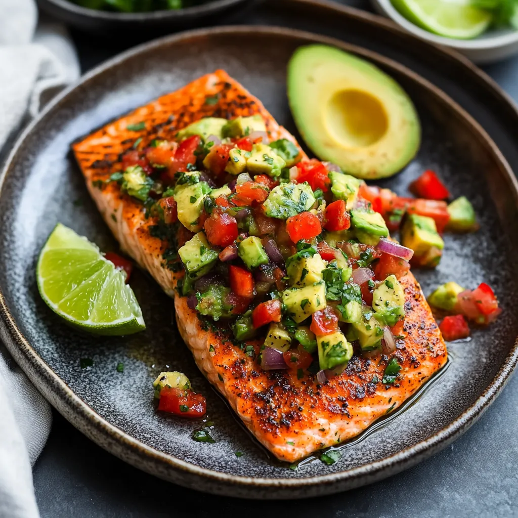 A salmon dish with avocado and tomatoes.