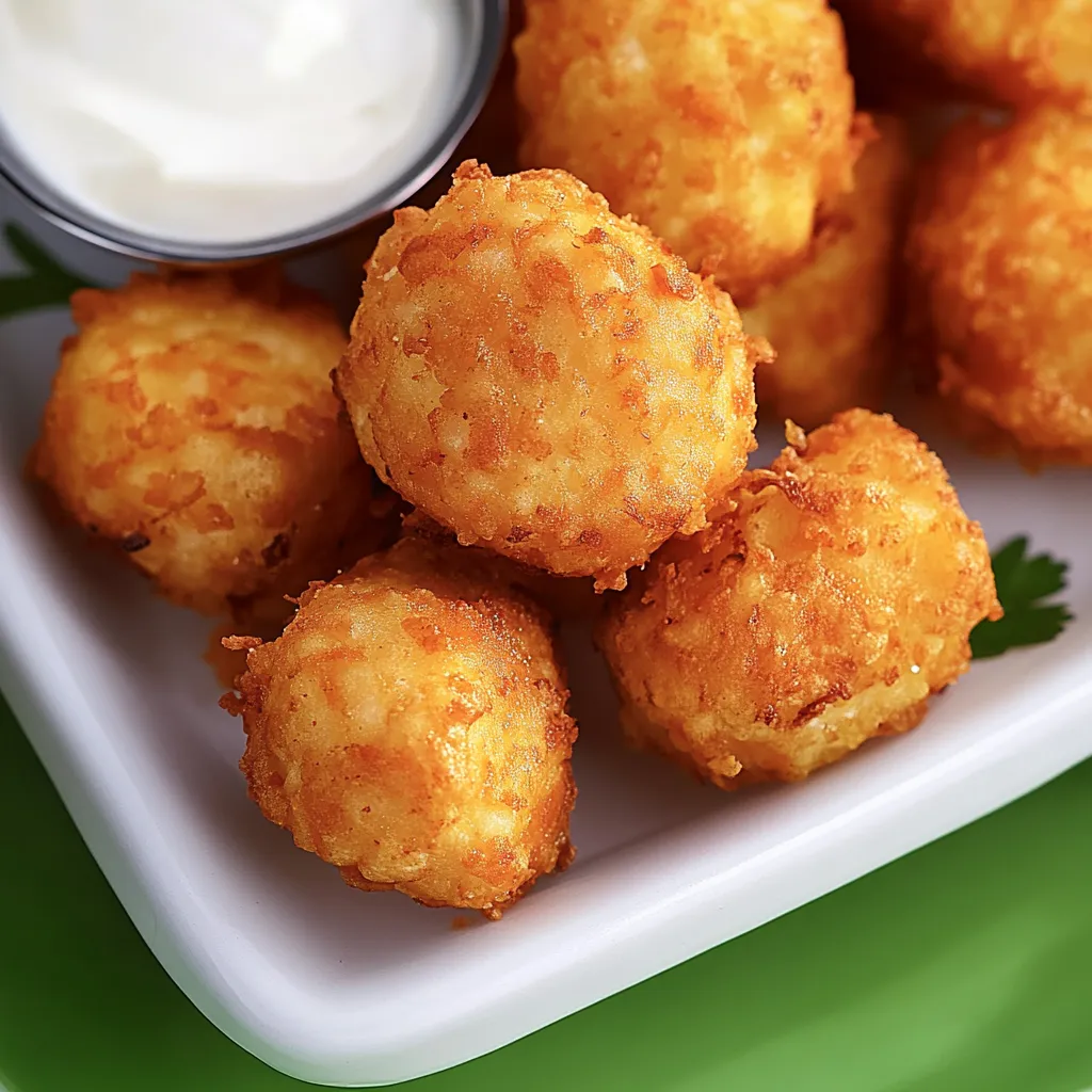 A plate of tater tots with a dipping sauce.