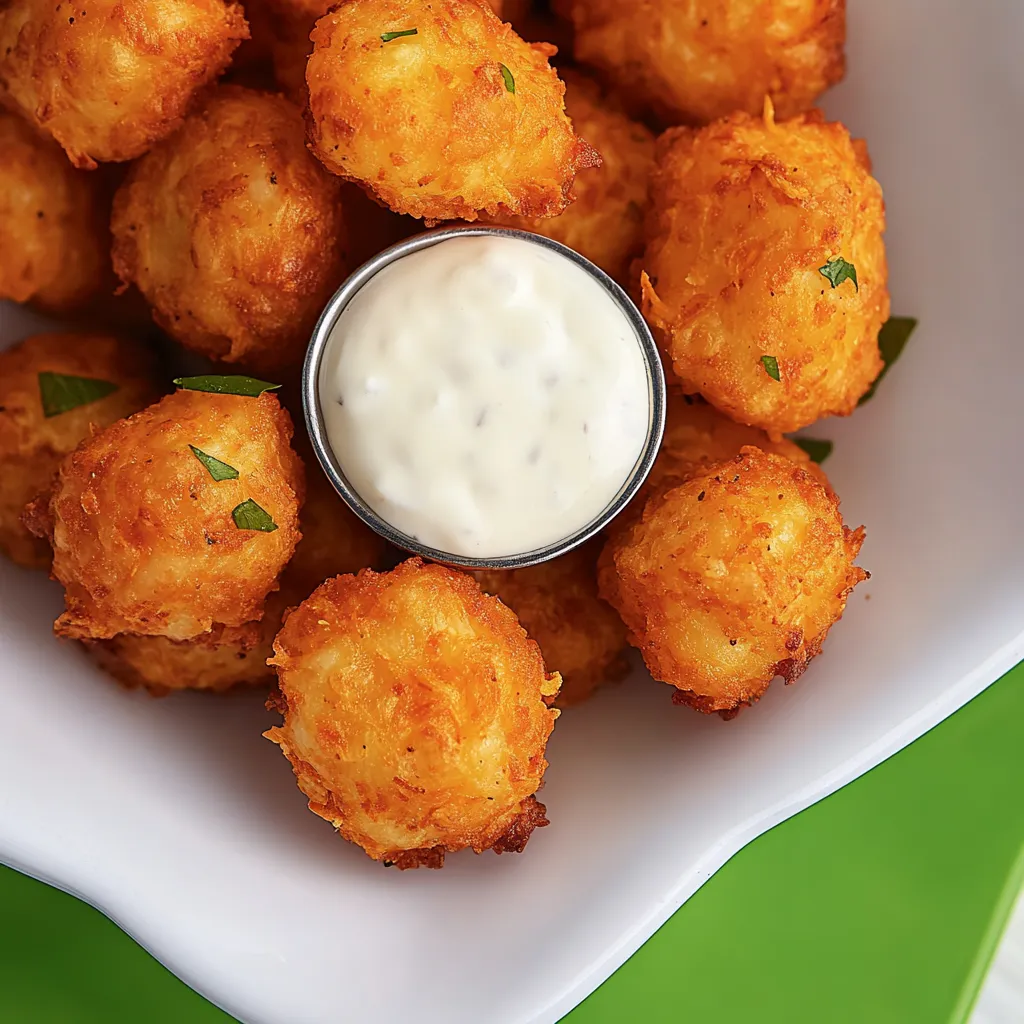 A bowl of tater tots with a dollop of sour cream on top.