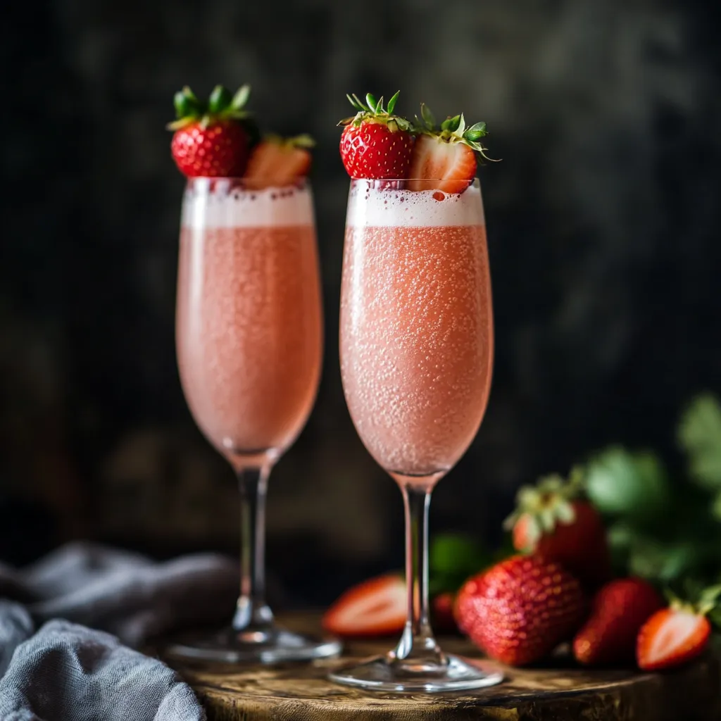 Two glasses of pink drink with strawberries in them.