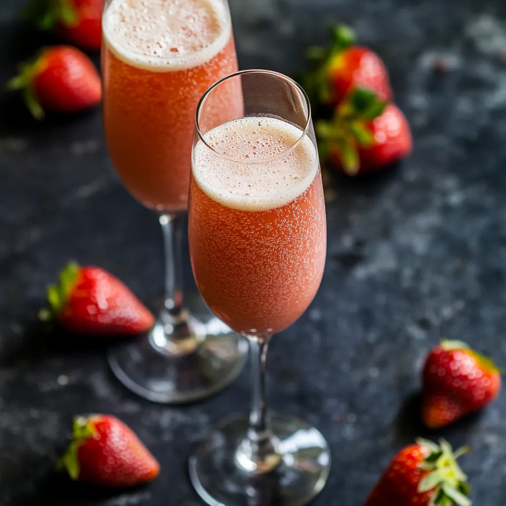 Two glasses of pink drink with strawberries on the table.