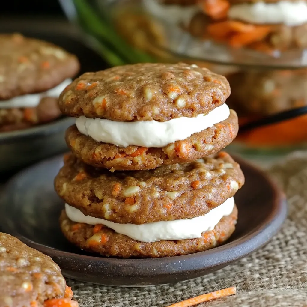 A stack of cookies with white frosting and orange carrots.