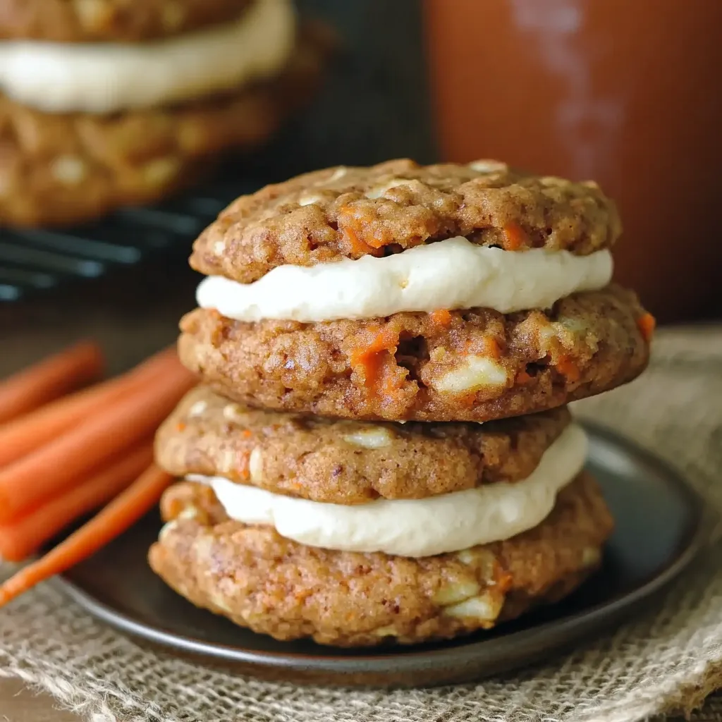 A stack of cookies with white frosting and carrots.