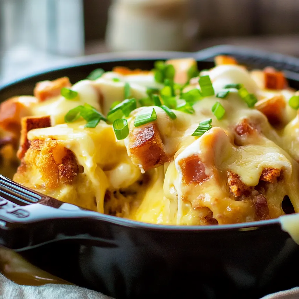 A bowl of food with cheese and bacon.