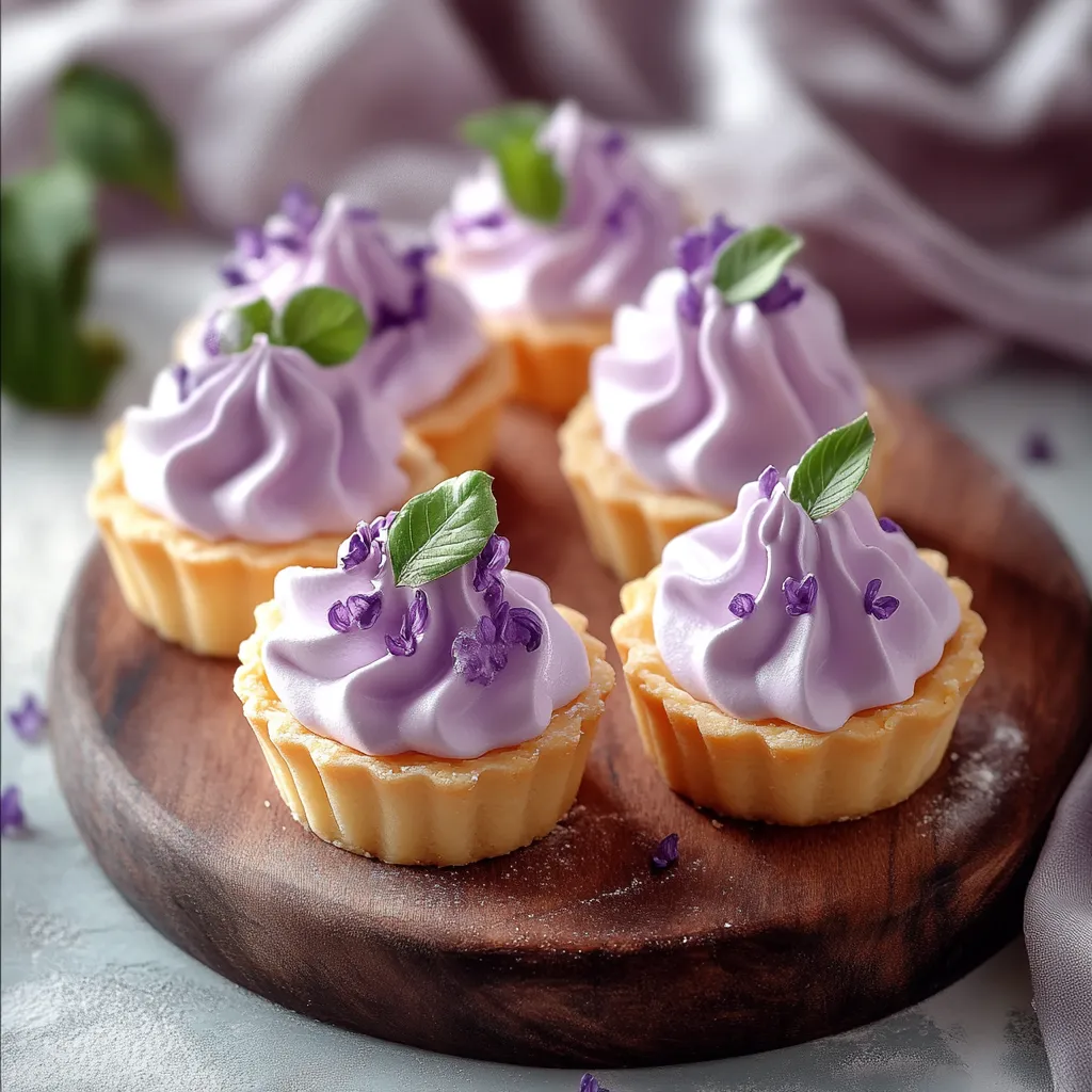 Three small pastries with purple icing and green leaves.
