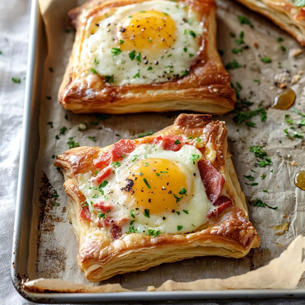 Two quiches with eggs and bacon.