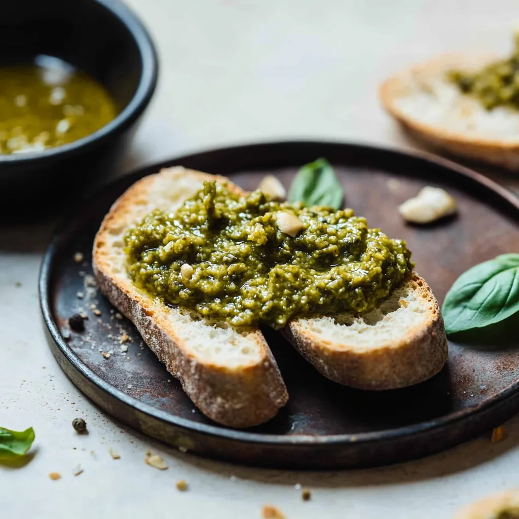 A bowl of pesto sauce with a spoon and a plate of bread.