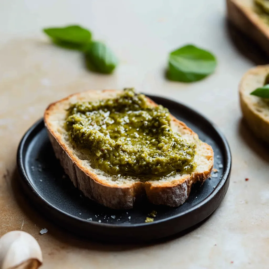 A slice of bread with pesto on it.