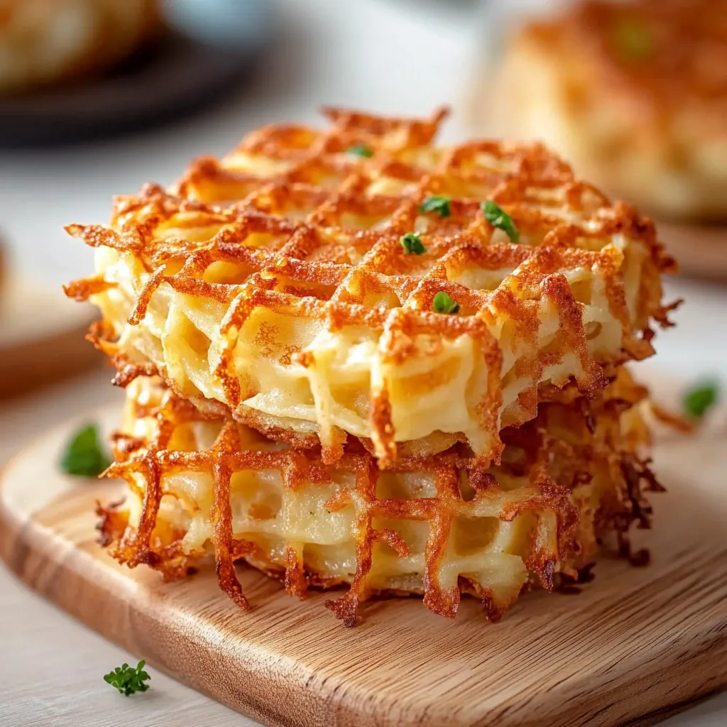 A stack of waffles on a wooden board.