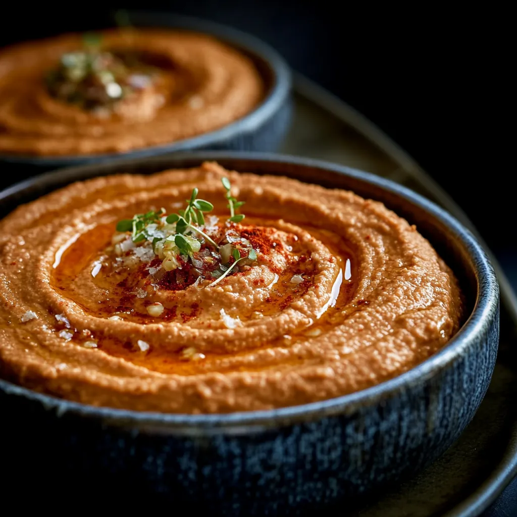 Two bowls of hummus with sprouts on top.