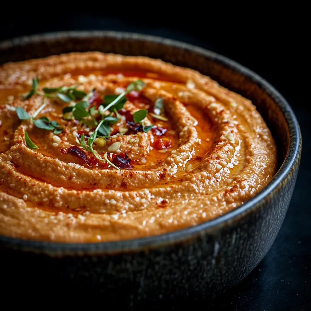 A bowl of red dip with green toppings.