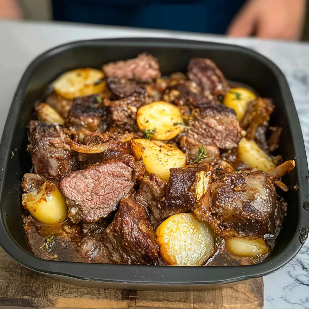 A black bowl filled with meat and potatoes.