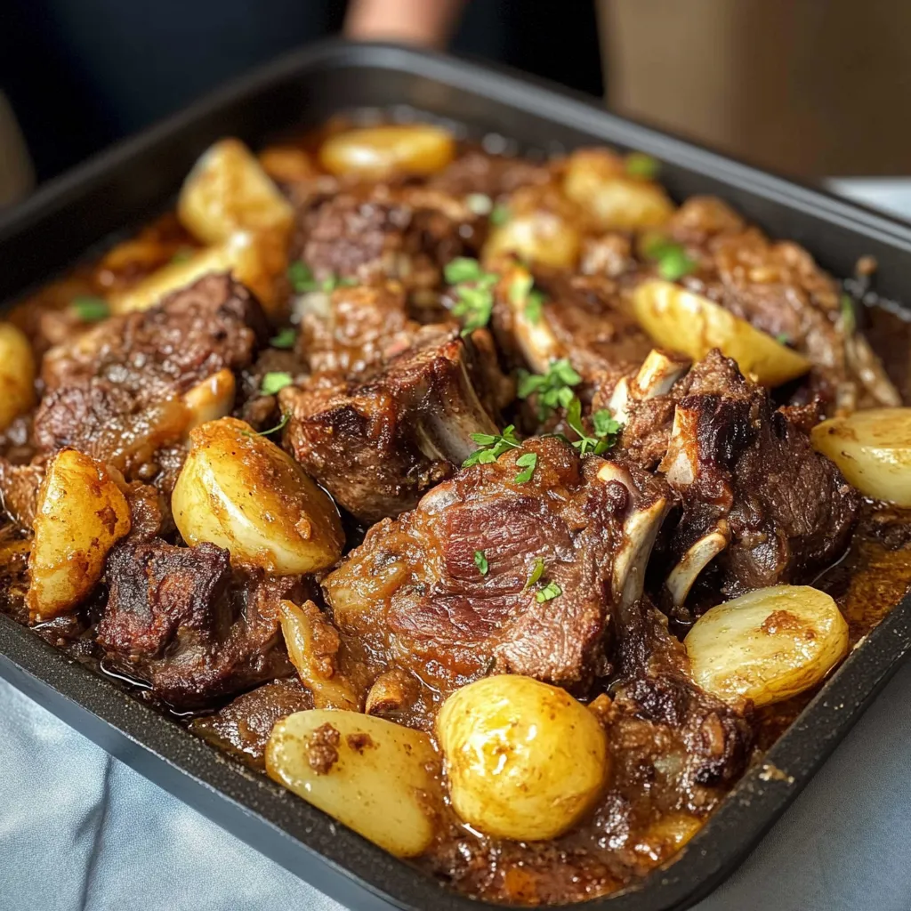 A pan of meat and potatoes.