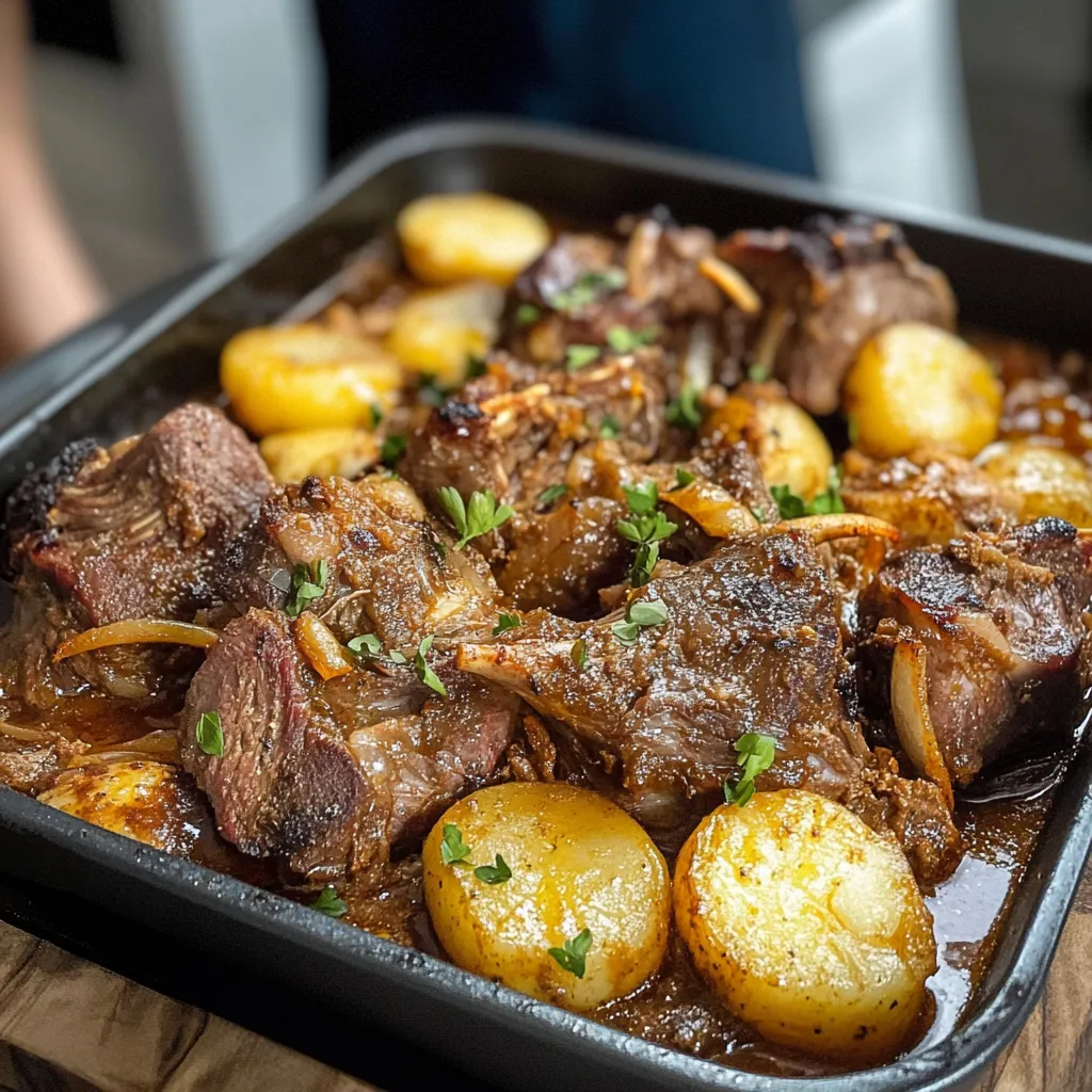 A pan of meat and potatoes.