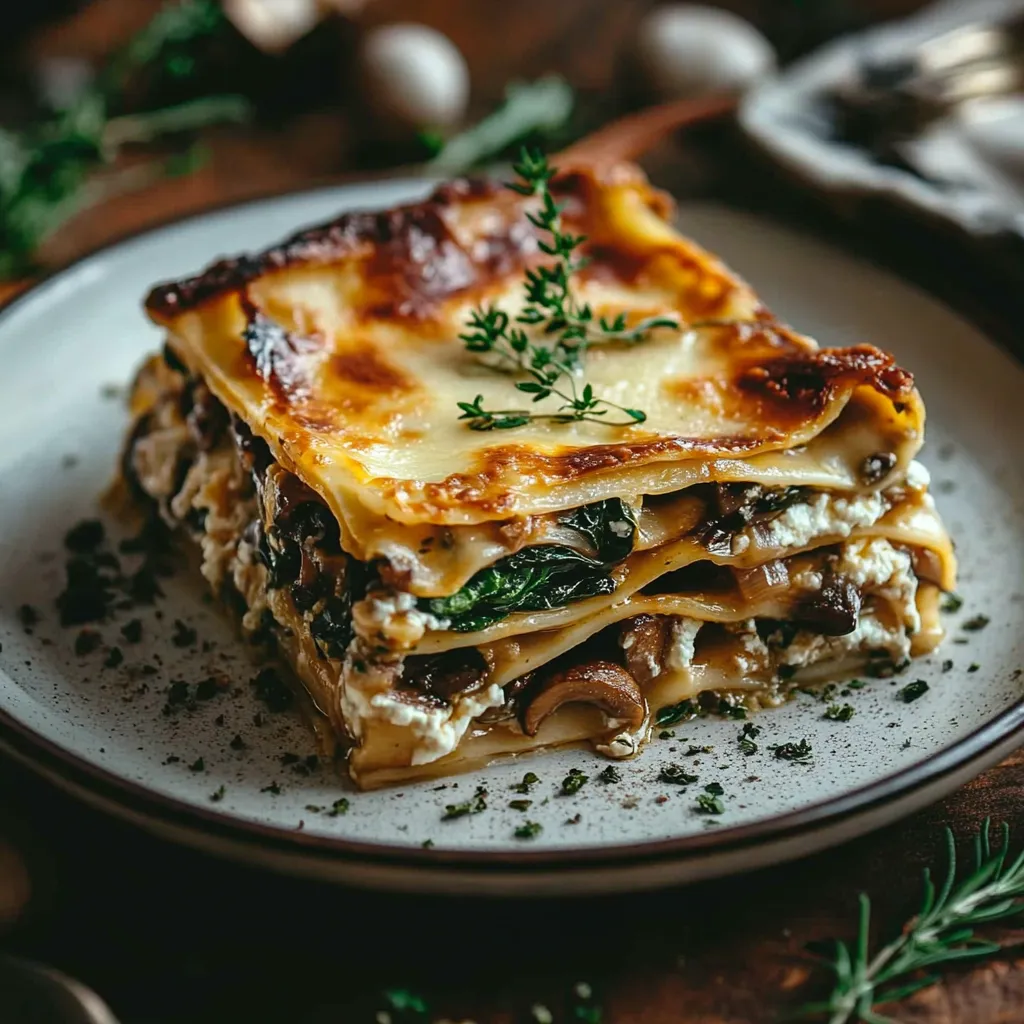 A stack of lasagna with a sprig of parsley on top.