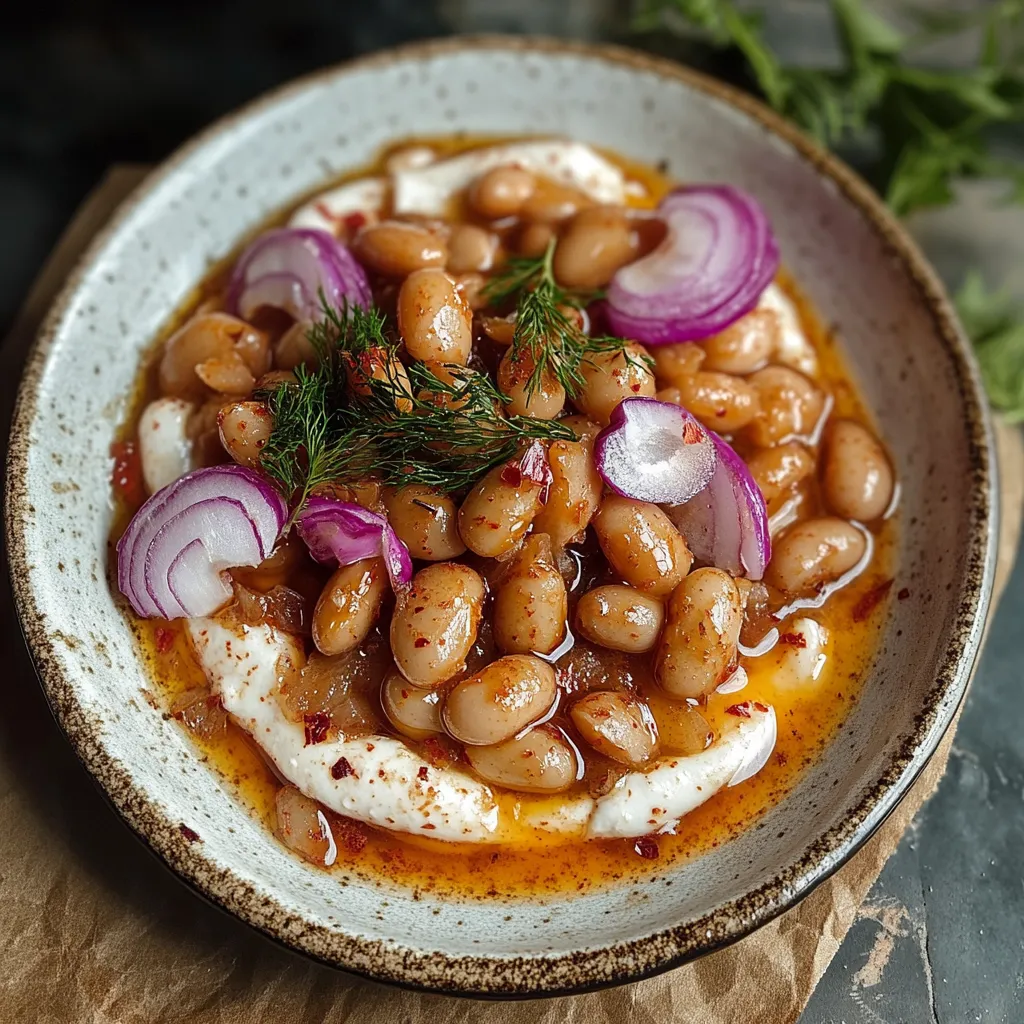 A bowl of beans with onions and herbs.