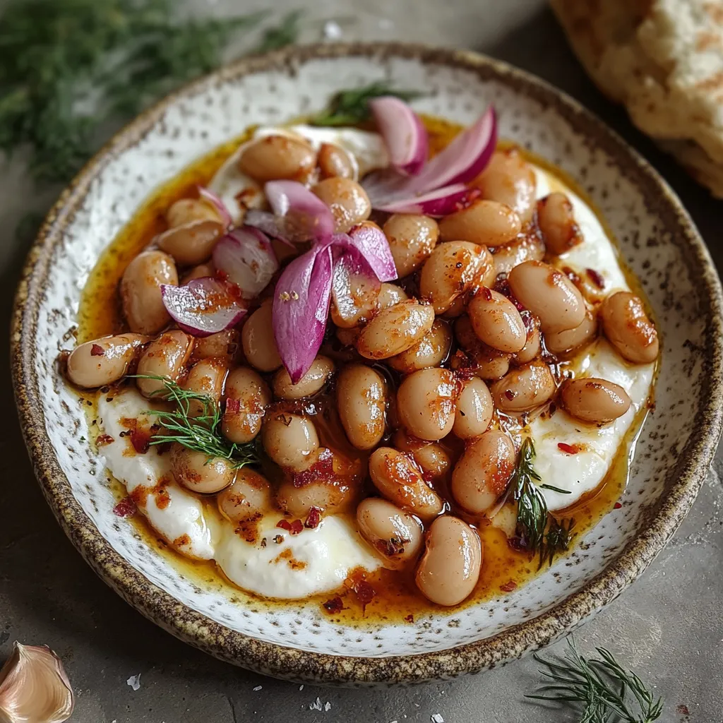 A bowl of beans with onions and garlic.
