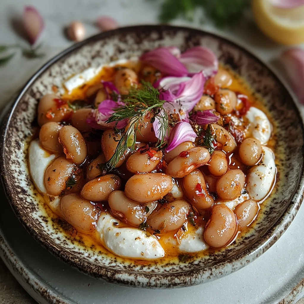 A bowl of beans with a flower on top.