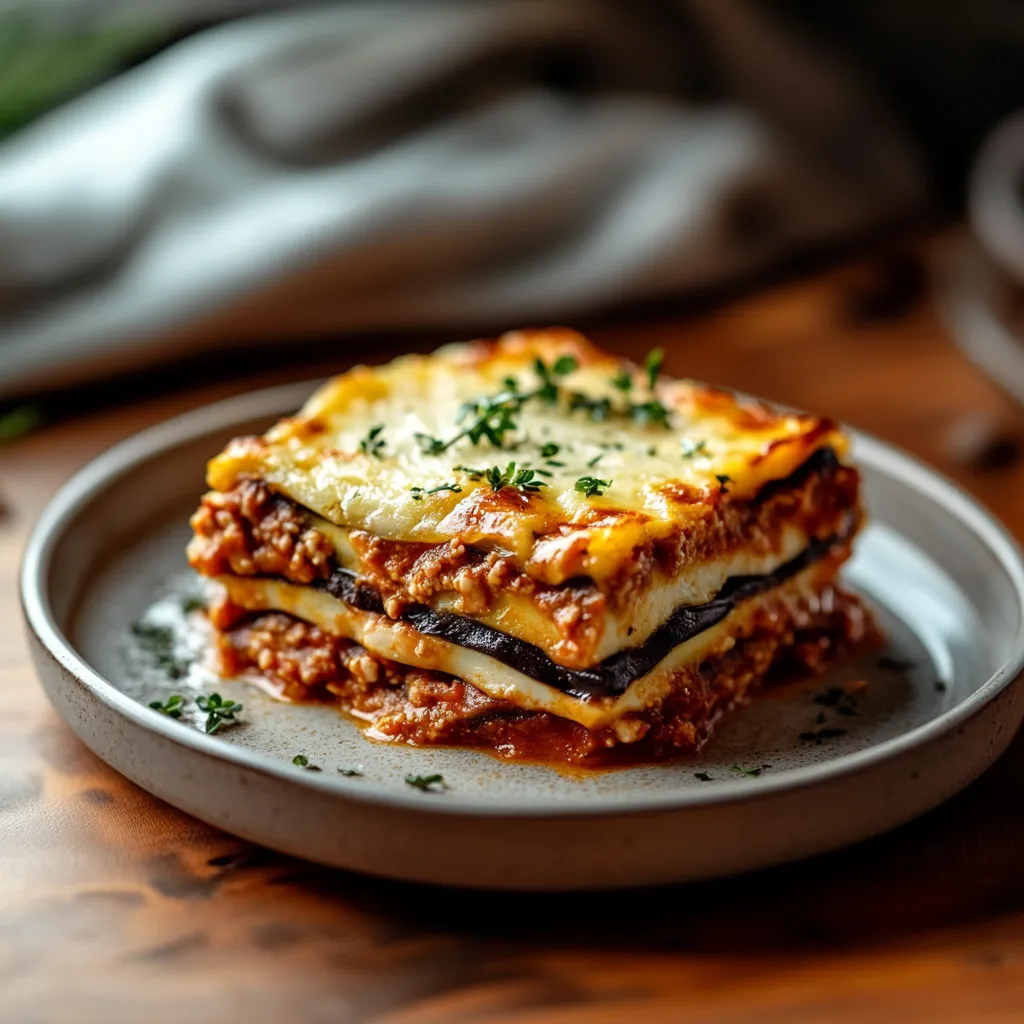 A slice of lasagna on a plate.