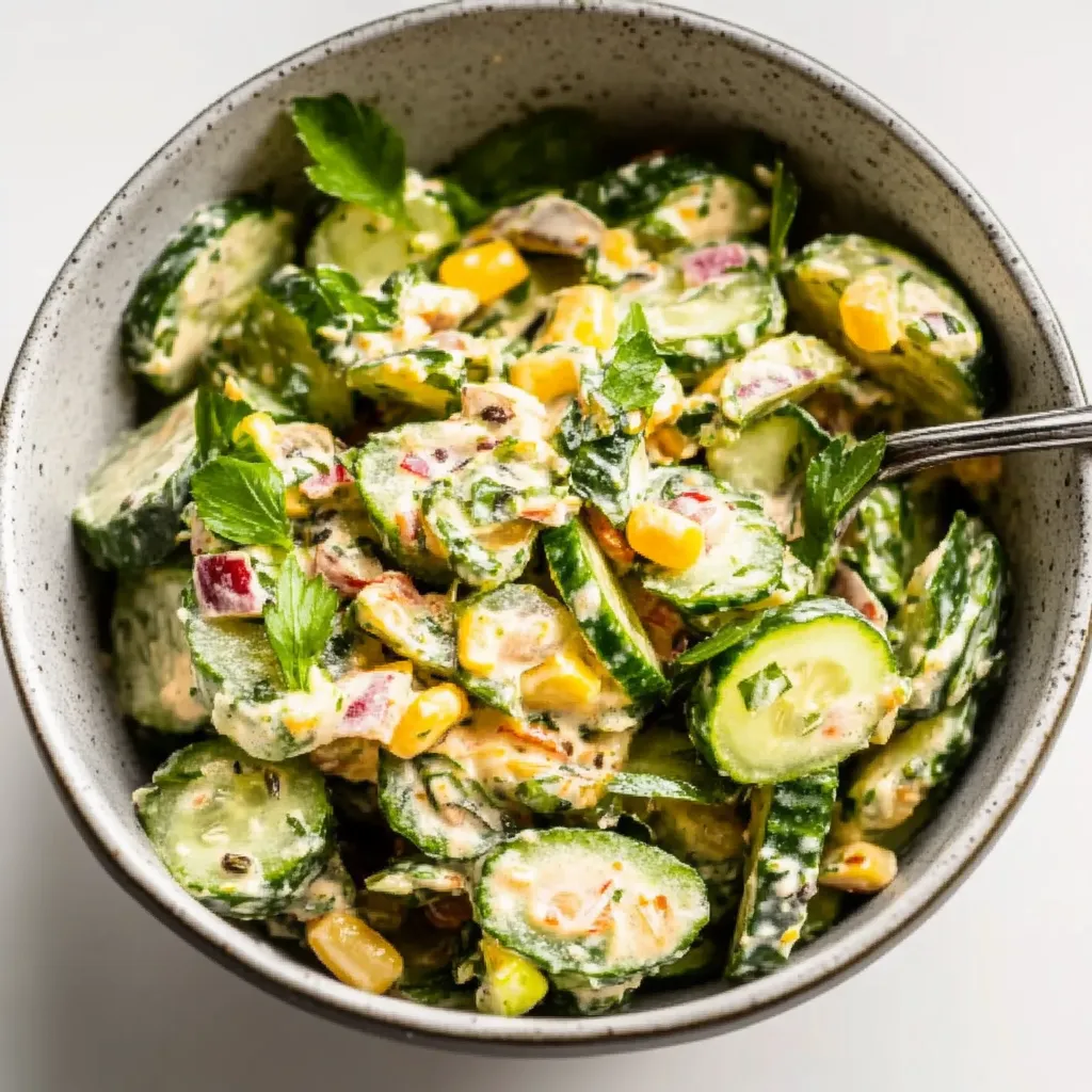 A bowl of vegetables including corn, cucumbers, and lettuce.