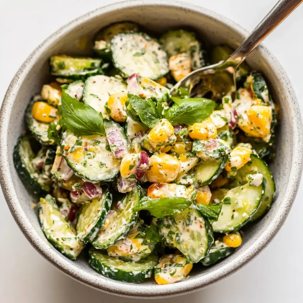 A bowl of vegetables including corn, zucchini, and cucumber.