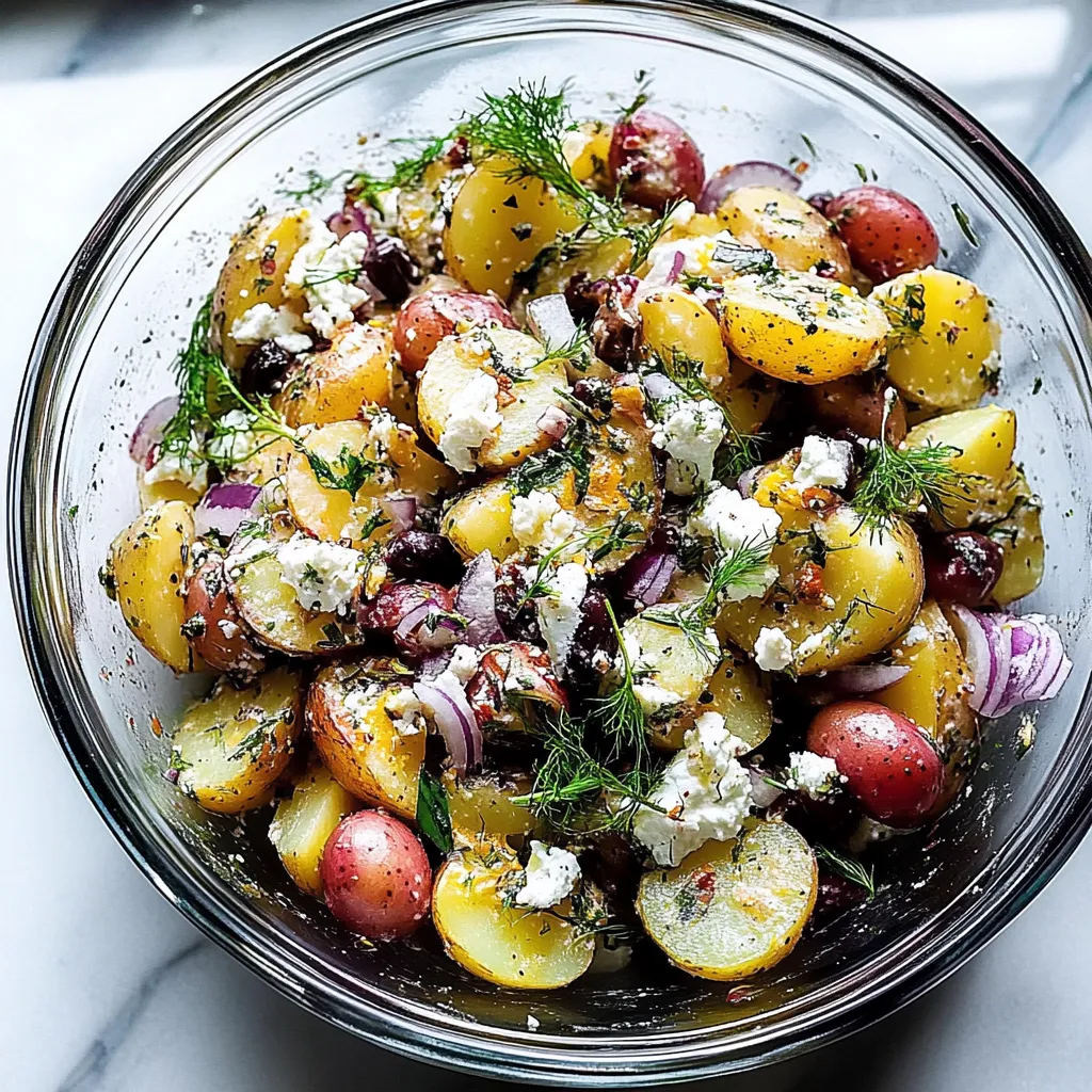 A bowl of food with feta cheese and potatoes.