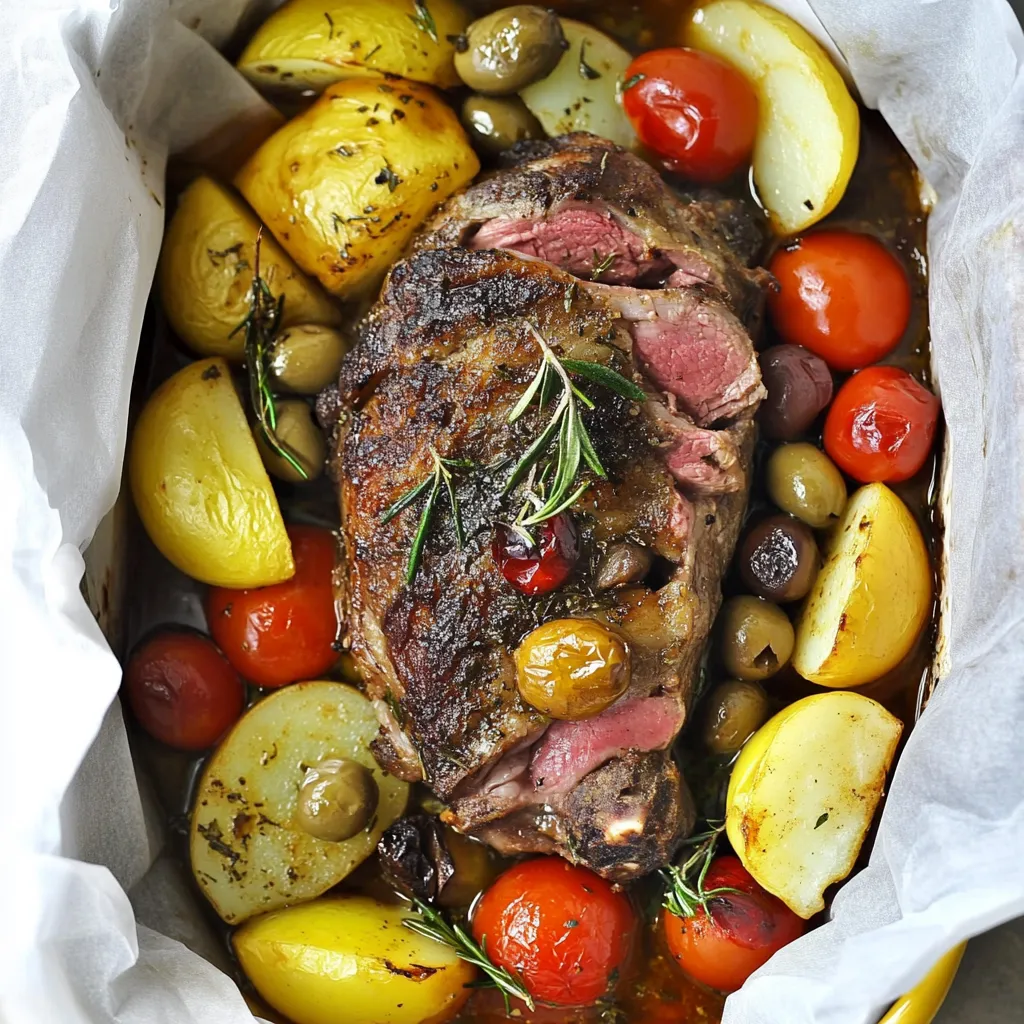 A roast with potatoes and tomatoes.