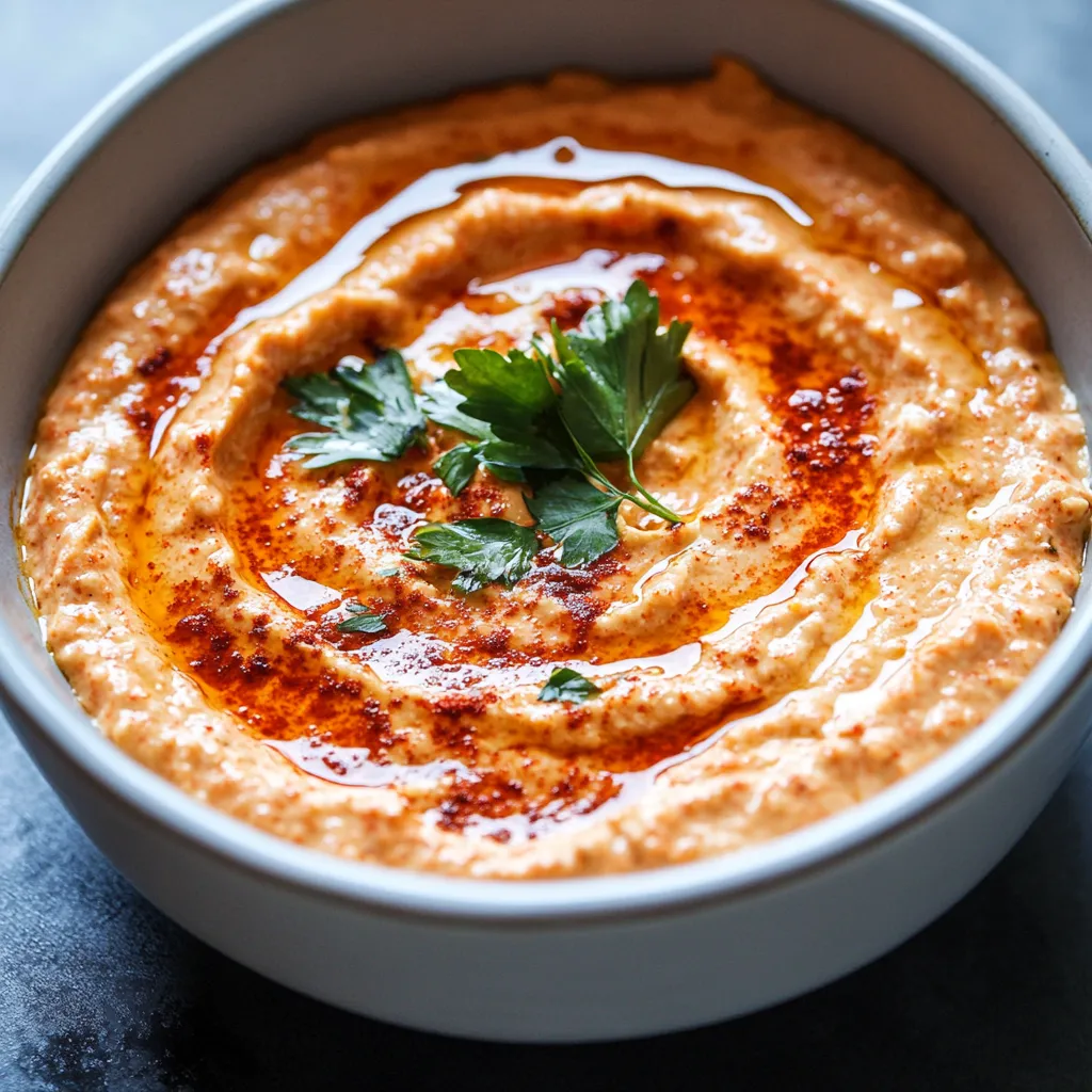 A bowl of red sauce with a green herb on top.