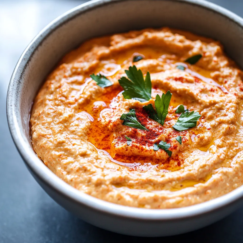 A bowl of red sauce with green herbs.