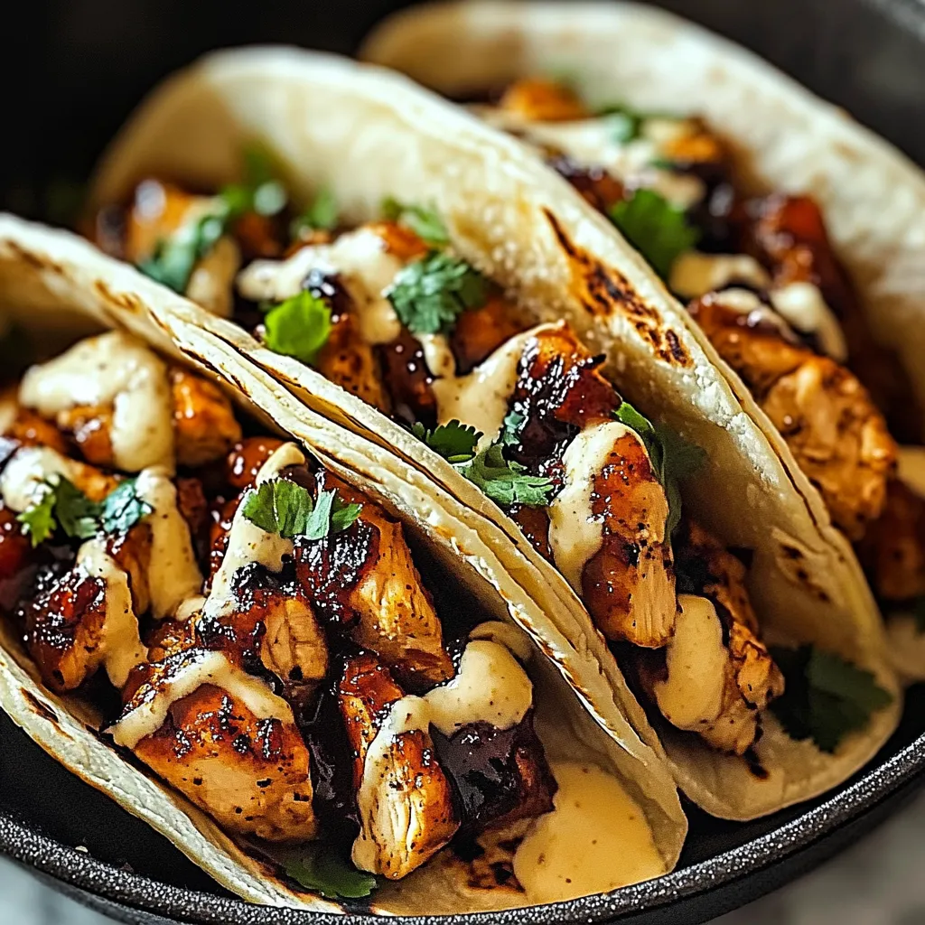 Two tacos with chicken and sauce.