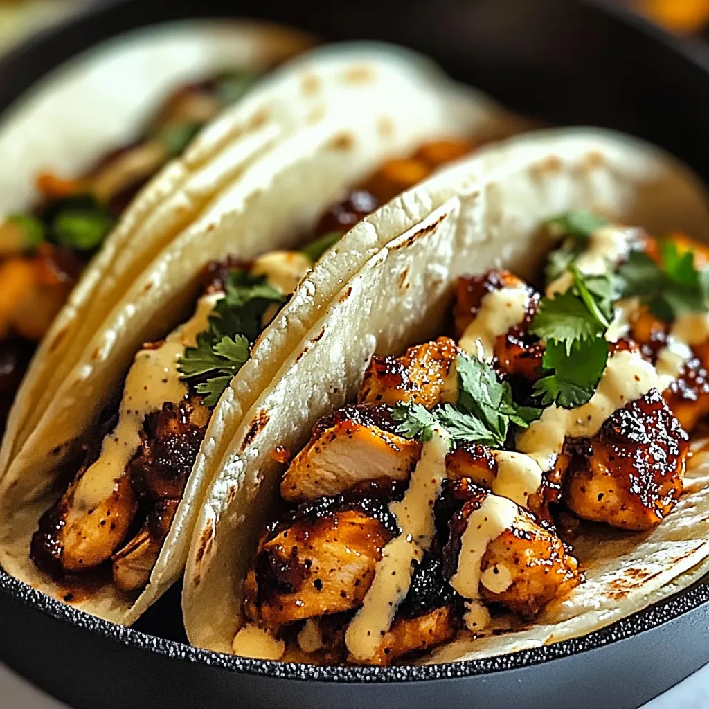Two chicken tacos with sauce.