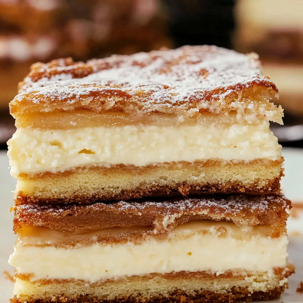 A slice of cake with powdered sugar on top.