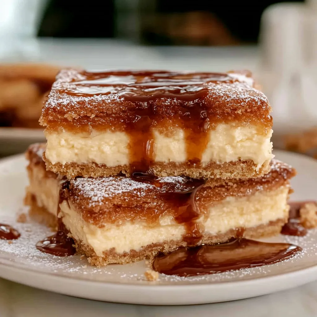 A stack of cake with caramel sauce on top.