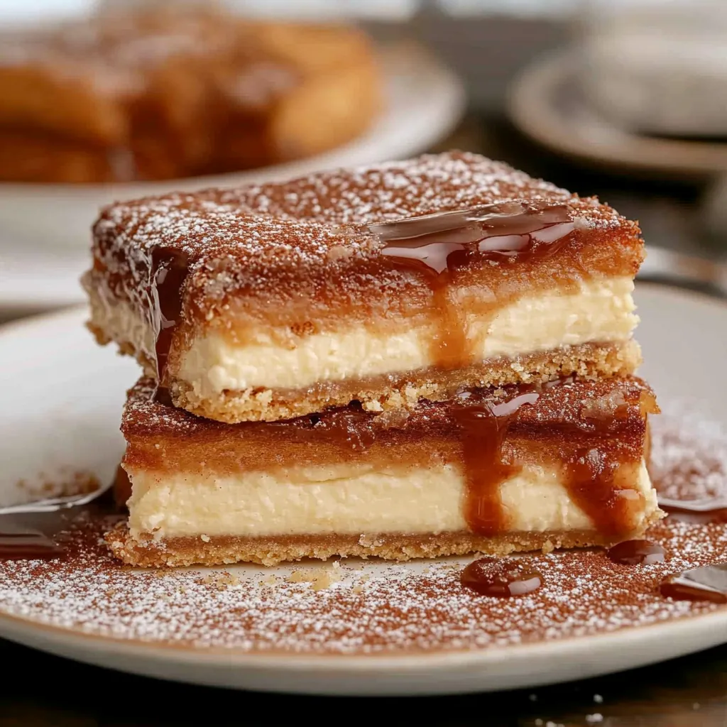 A slice of cake with caramel sauce on top.