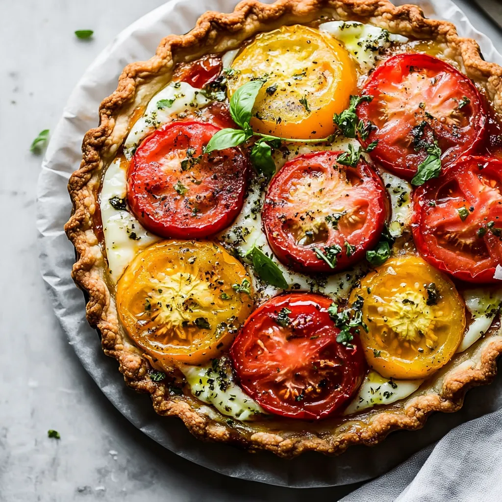 A colorful pie with tomatoes and basil.