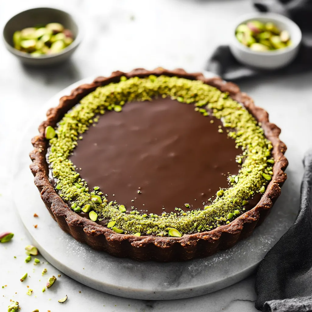 A chocolate dessert with a green topping.