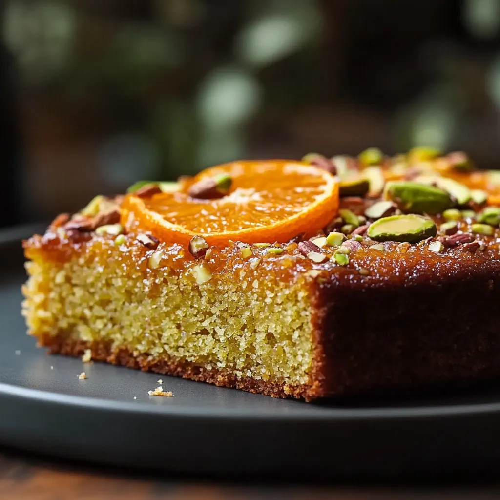 A slice of cake with orange and almonds.