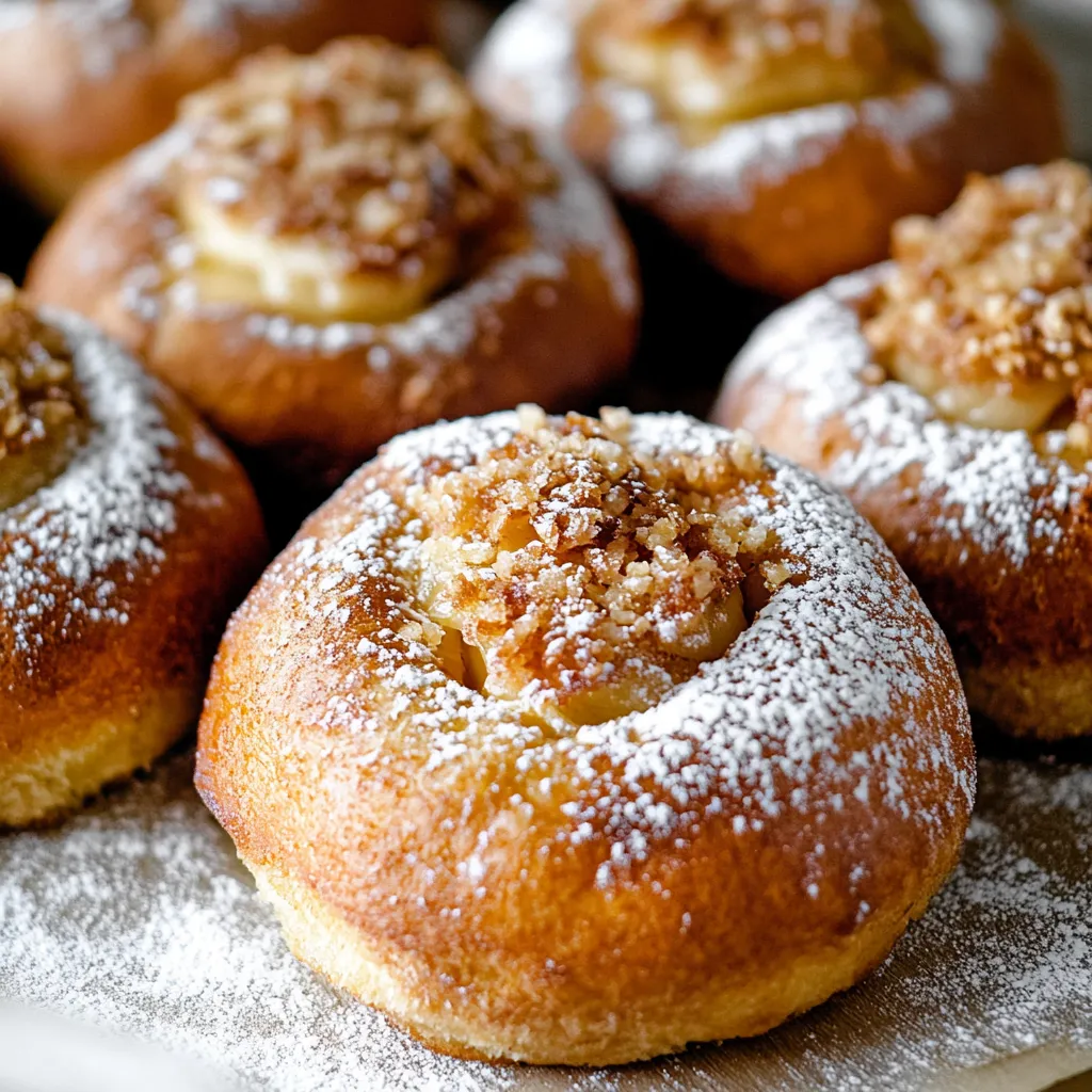 A plate of donuts with powdered sugar on top.