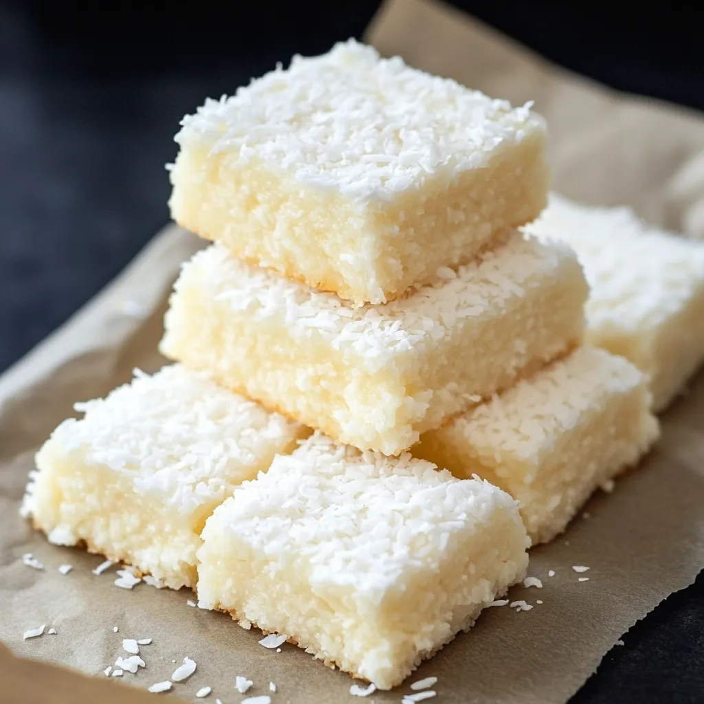A stack of coconut cake on a table.