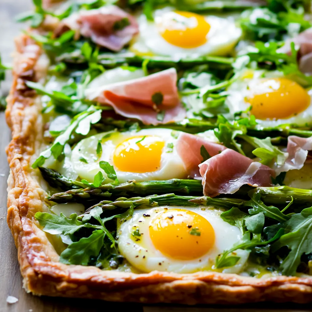 A pizza with eggs and asparagus on top.