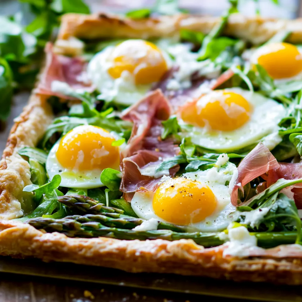 A pizza with eggs and asparagus on top.
