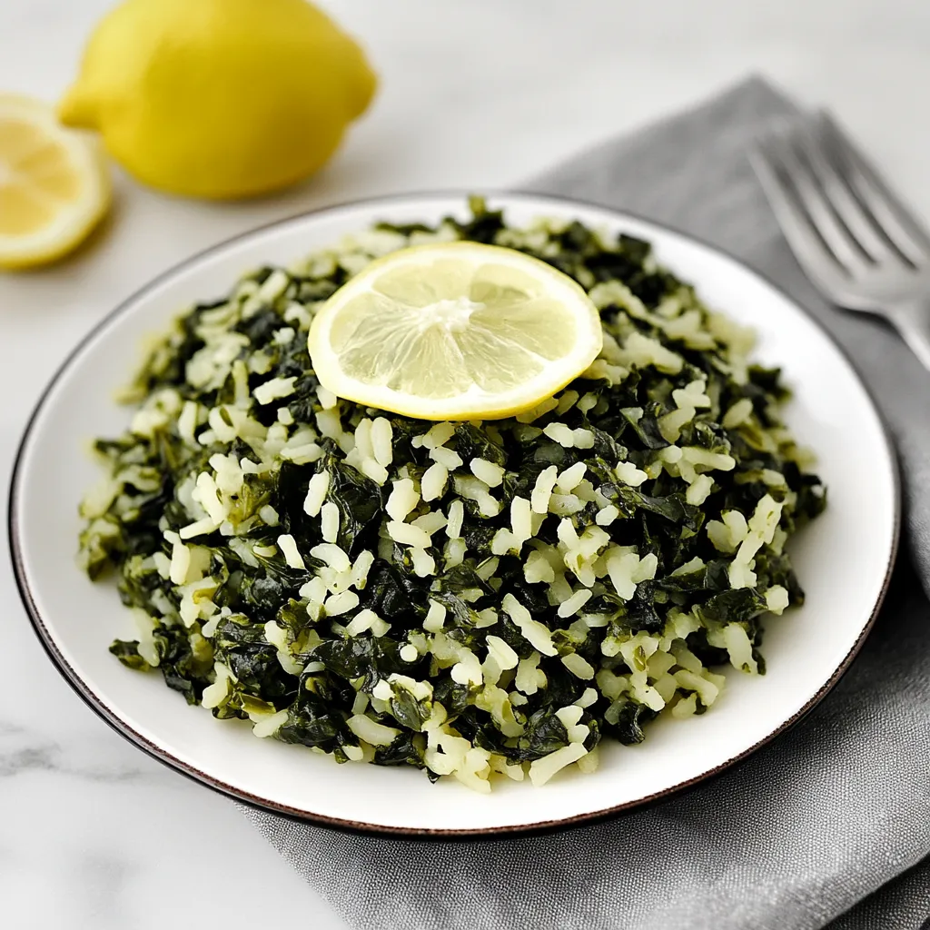 A plate of rice and greens with a lemon on top.