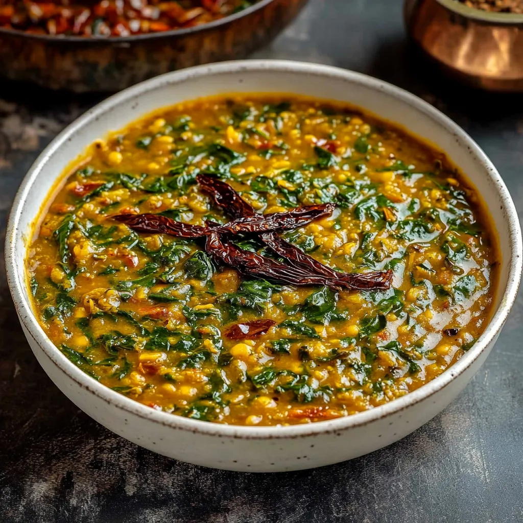 A bowl of soup with a spoon in it.